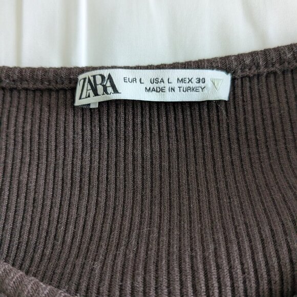 Zara Top Women's Large Brown Cropped Ribbed Cut-Out Long Sleeve Asymmetric Shirt - Picture 7 of 13
